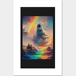 HUGE GHOST OVER HALLOWEEN CASTLE WITH RAINBOW Posters and Art